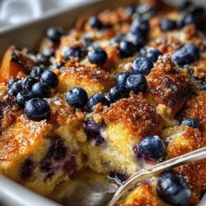 Freshly baked blueberry French toast casserole in white baking dish with golden streusel topping and juicy blueberries