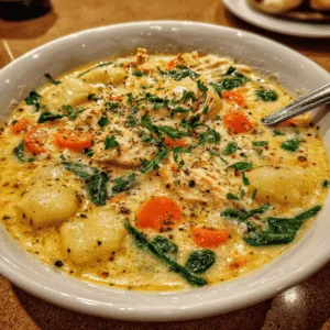 A bowl of creamy chicken gnocchi soup with spinach, carrots, and Parmesan garnish.