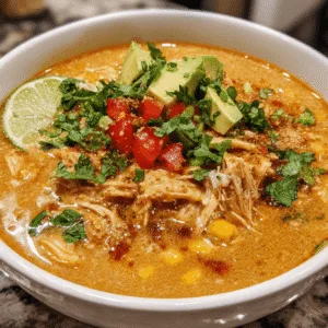Bowl of creamy chicken enchilada soup with melted cheese, corn, shredded chicken, topped with tortilla chips, sour cream, and fresh cilantro