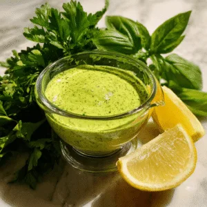 Dairy-free Green Goddess Dressing made with avocado and herbs on a marble counter.