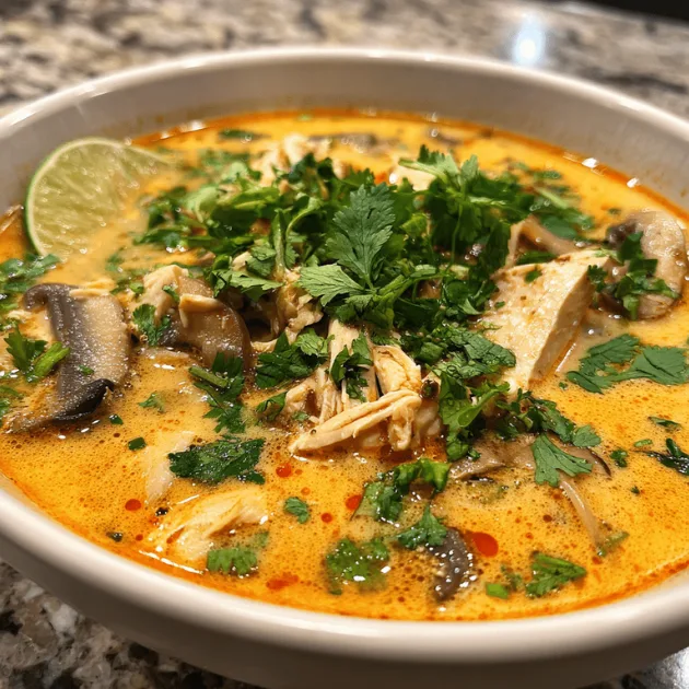 Easy Thai Chicken Soup in white bowl with coconut milk broth, sliced chicken, mushrooms, and fresh cilantro garnish