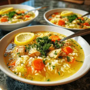 Lemon chicken soup with rice garnished with parsley and lemon slices served on a wooden table.