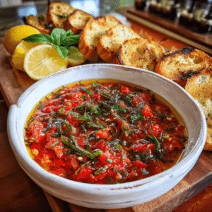 Fresh tomato basil dip with olive oil drizzle served with toasted baguette slices.