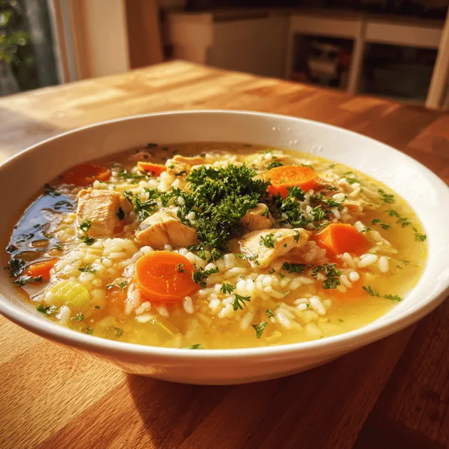 Bowl of lemon chicken soup with rice, carrots, celery, and parsley on a kitchen table.