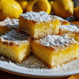 Meyer Lemon Bars on a white ceramic plate in a sunny kitchen with powdered sugar dusting.