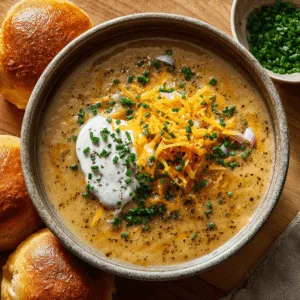 Finished potato soup garnished with cheese and chives beside dinner rolls.