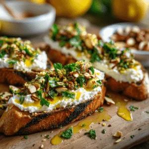 Grilled sourdough topped with ricotta, olives, almonds, and lemon zest.